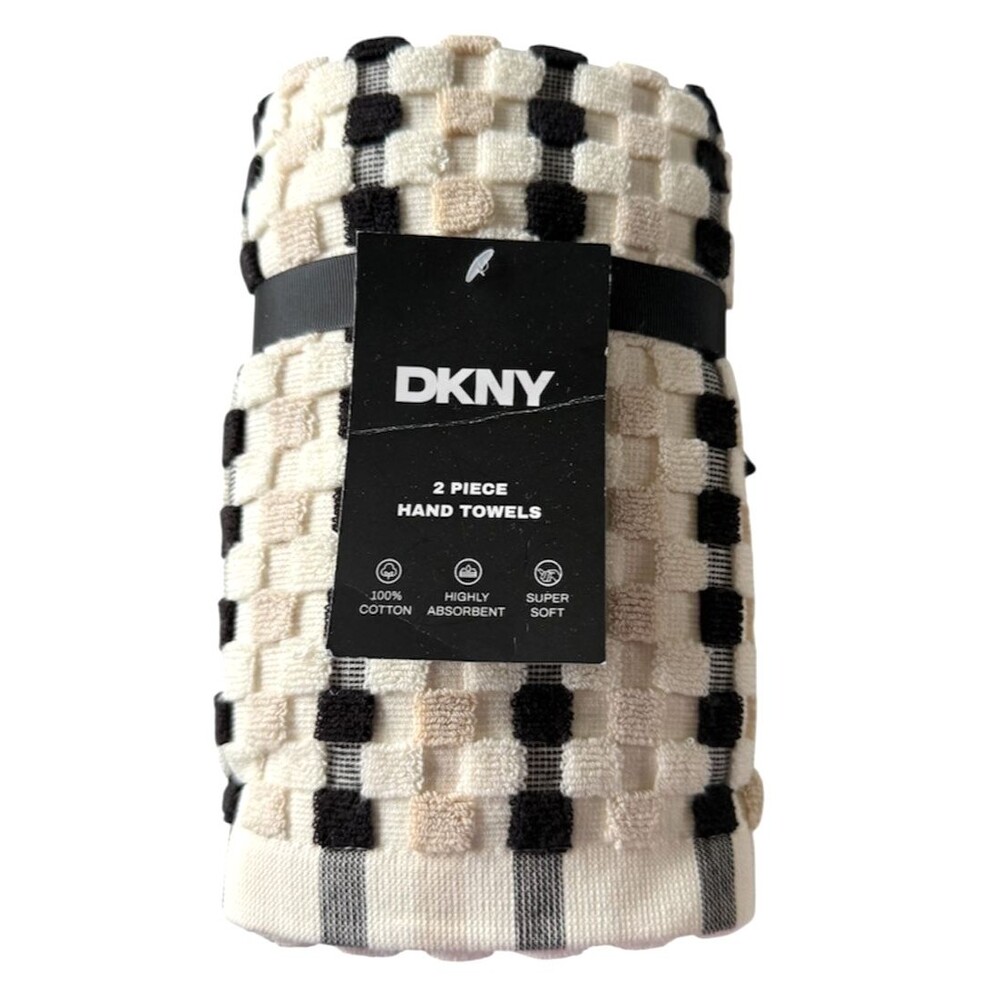 DKNY Hand Towels Set of 2 Black Beige White Check 100% Cotton 16x28 Super Soft